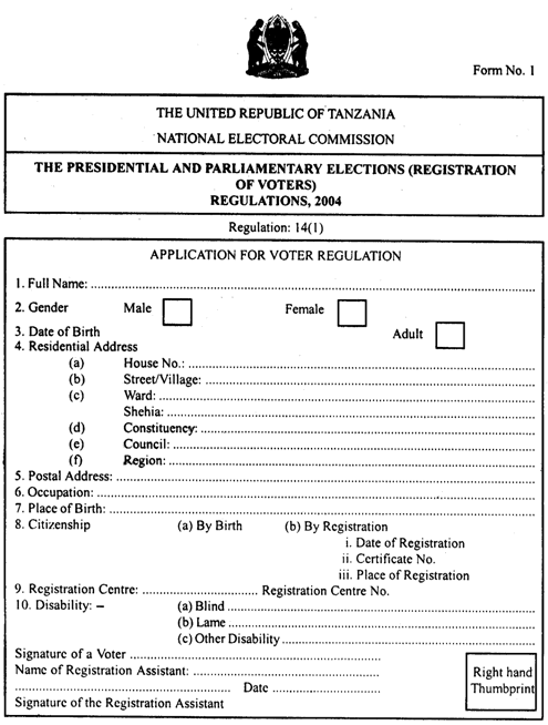 Tanzania: Application for Voter regulations