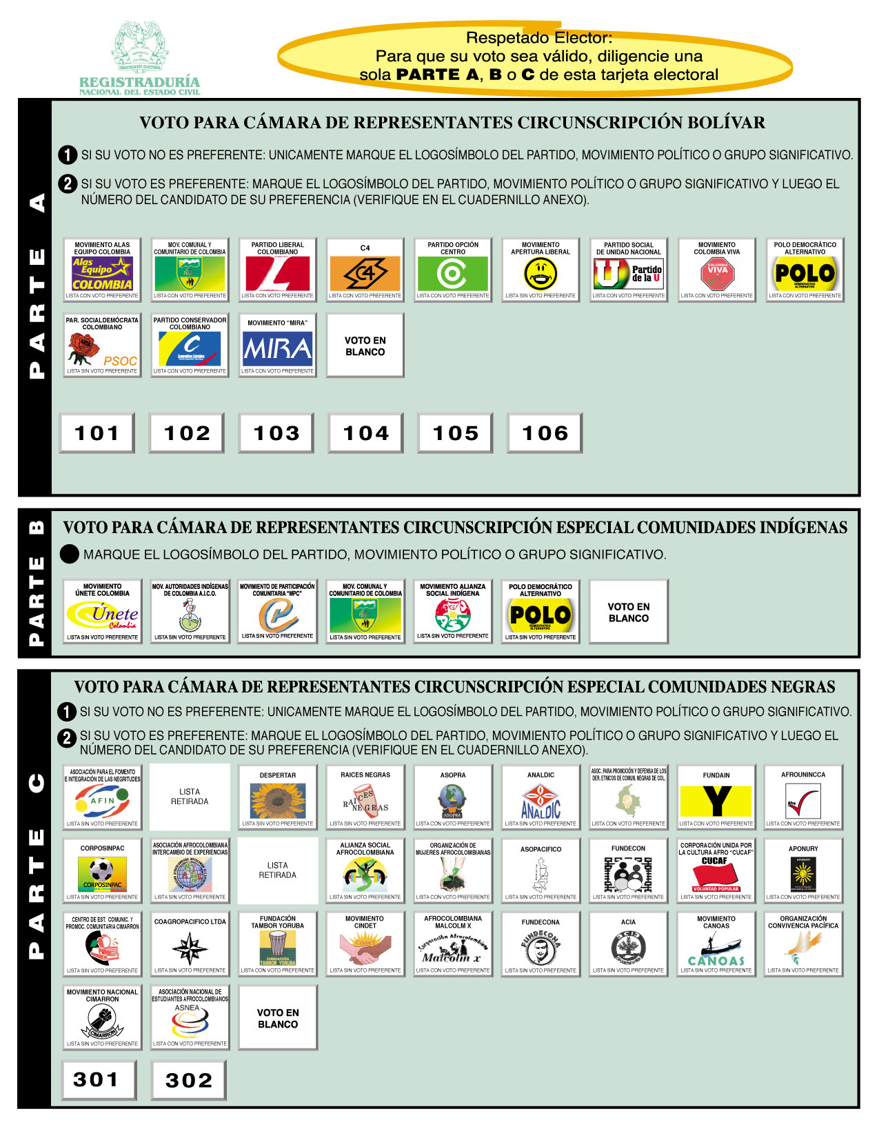 Colombia: Tarjeta para la elección de los miembros de la cámara de representantes (2006)