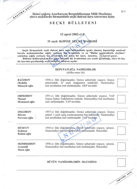 Azerbaijan: Ballot Paper 2002 Parliamentary elections