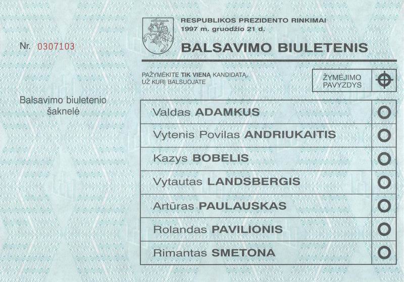 Lithuania: Ballot Paper Presidential elections 1st round (1997)