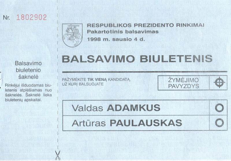 Lithuania: Ballot Paper Presidential elections 2nd round (1997)