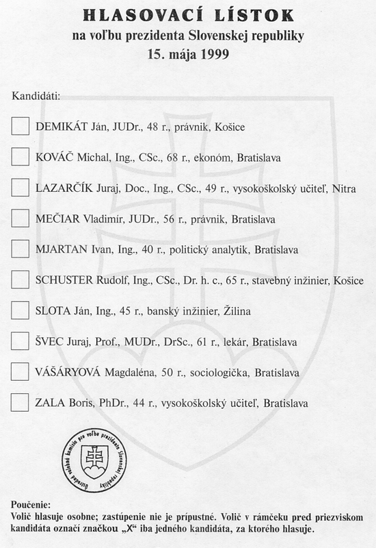 Slovakia: Ballot Paper Presidential Elections (1999)