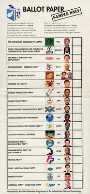 South African closed List PR ballot paper